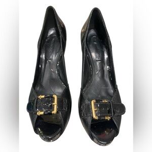 BCBGMaxAzria Black Patent Peep-Toe Pumps with Gold Buckle